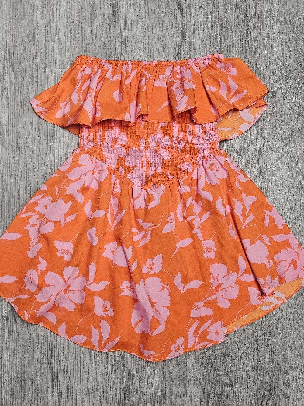 Promesa Orange Off-Shoulder Mini Dress with Pink Floral Hawaiin Print Sun Dress